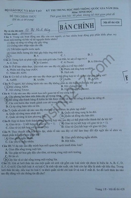 Huong dan giai de thi THPT Quoc gia mon Sinh ma de 428 nam 2016