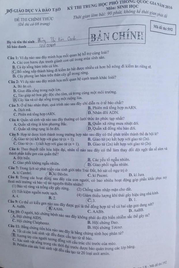 Huong dan giai de thi THPT Quoc gia mon Sinh nam 2016