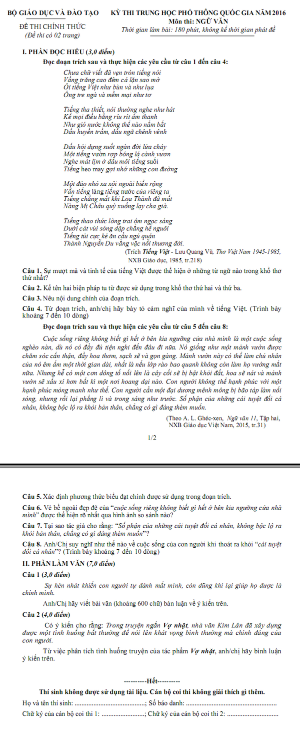 Dap an de thi THPT Quoc gia mon Van cua Bo GD 2016