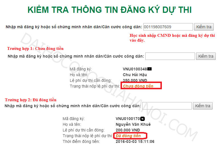 Kiem tra dang ky va nop le phi thi vao DH QGHN co thanh cong khong?