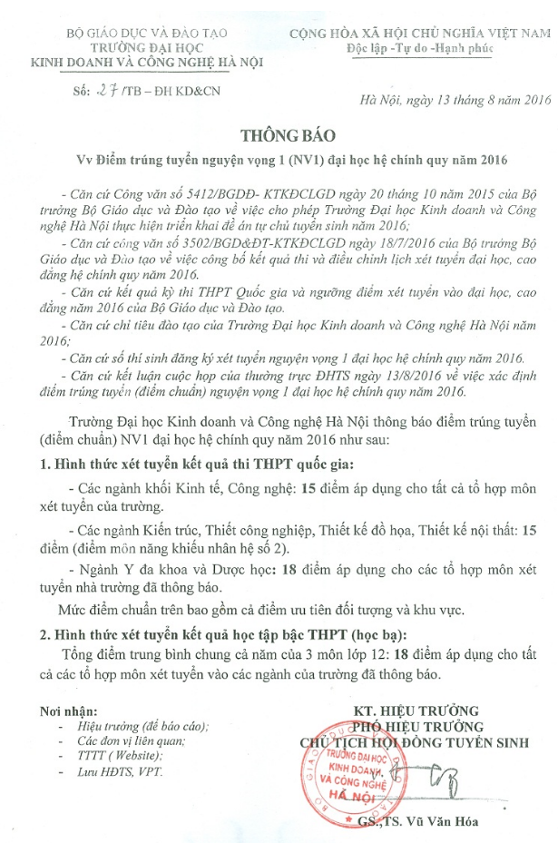 Diem chuan dot 1 vao truong DH Kinh doanh va Cong nghe 2016