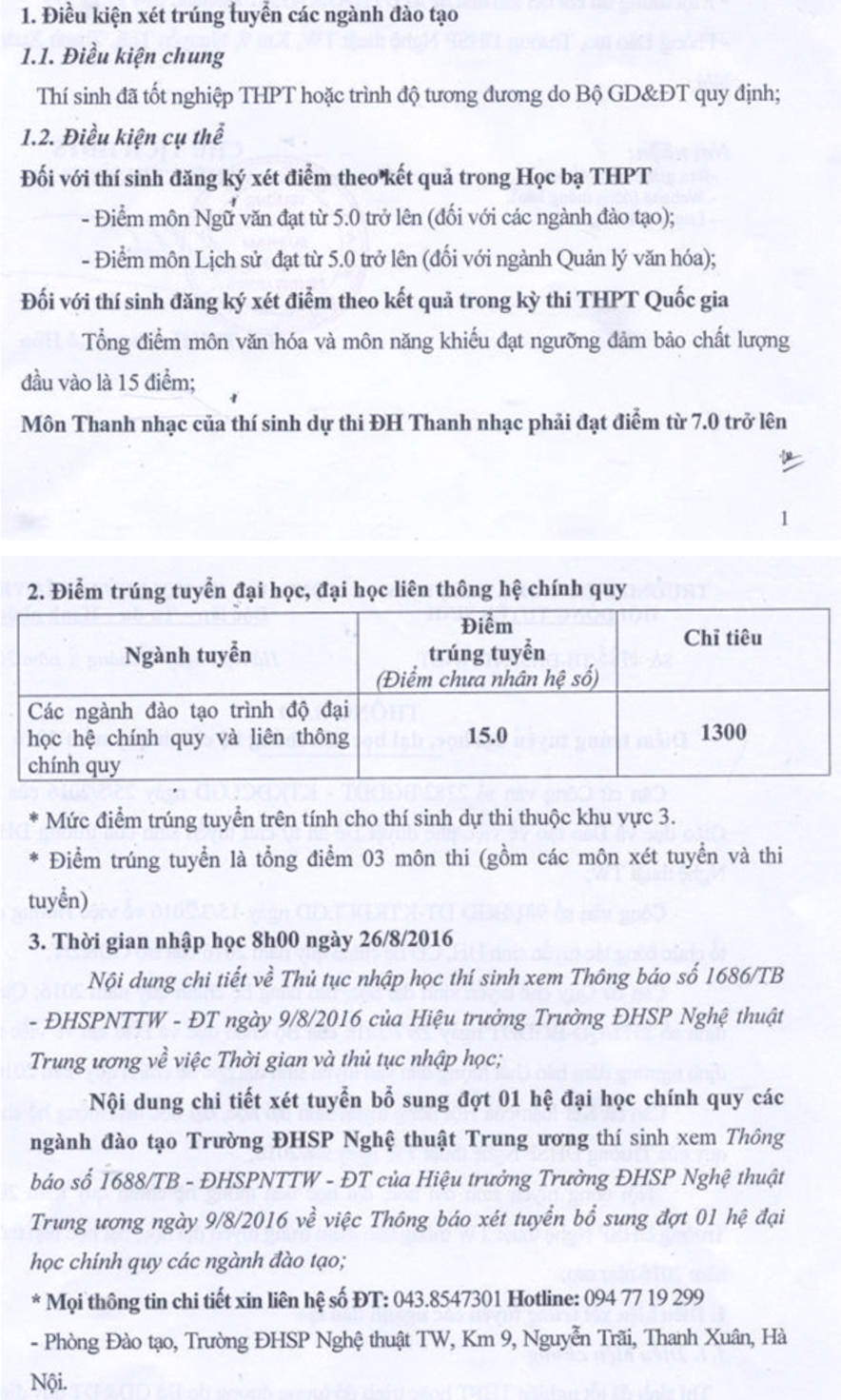 Diem trung tuyen dot 1 vao DH Su pham nghe thuat trung uong 2016
