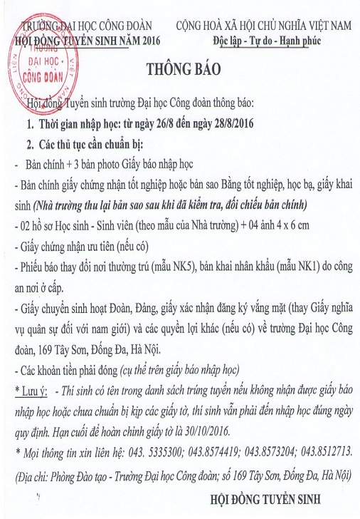Diem chuan dot 1 vao truong Dai hoc Cong Doan 2016