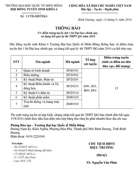 Diem chuan dot 1 vao truong Dai hoc Quoc te Mien Dong 2016