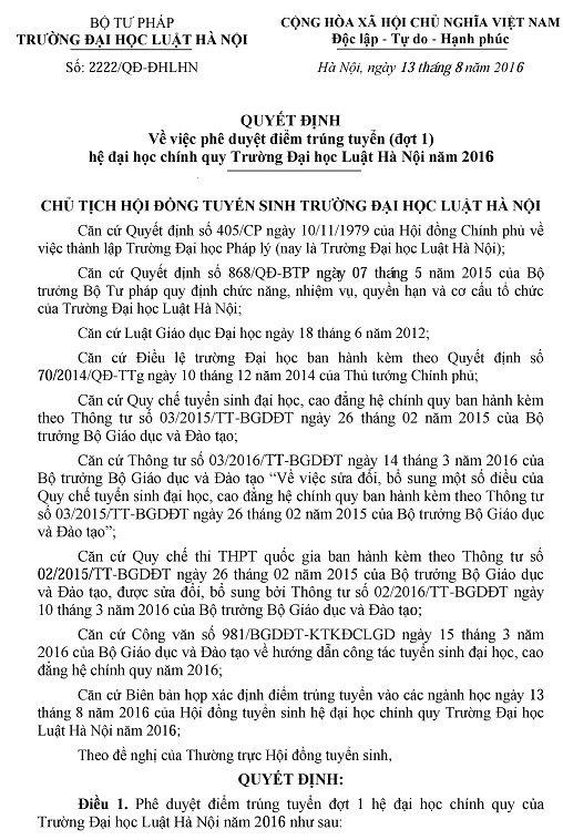Diem chuan vao Dai hoc Luat Ha Noi 2016