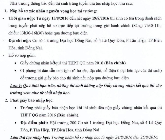 Diem chuan vao truong Dai hoc Dong Nai dot 1 nam 2016