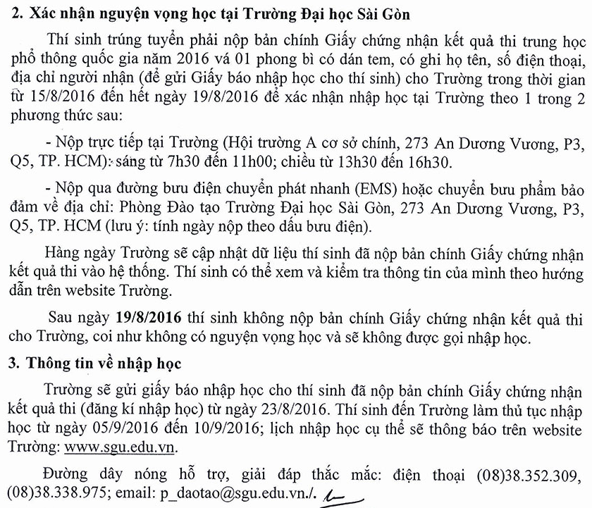 Dai hoc Sai Gon cong bo diem chuan trung tuyen dot 1 nam 2016