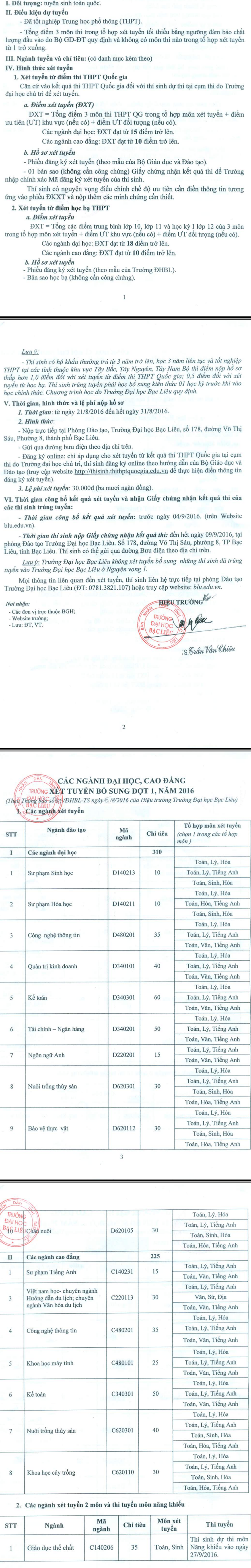 Dai hoc Bac Lieu xet tuyen bo sung dot 1 nam 2016