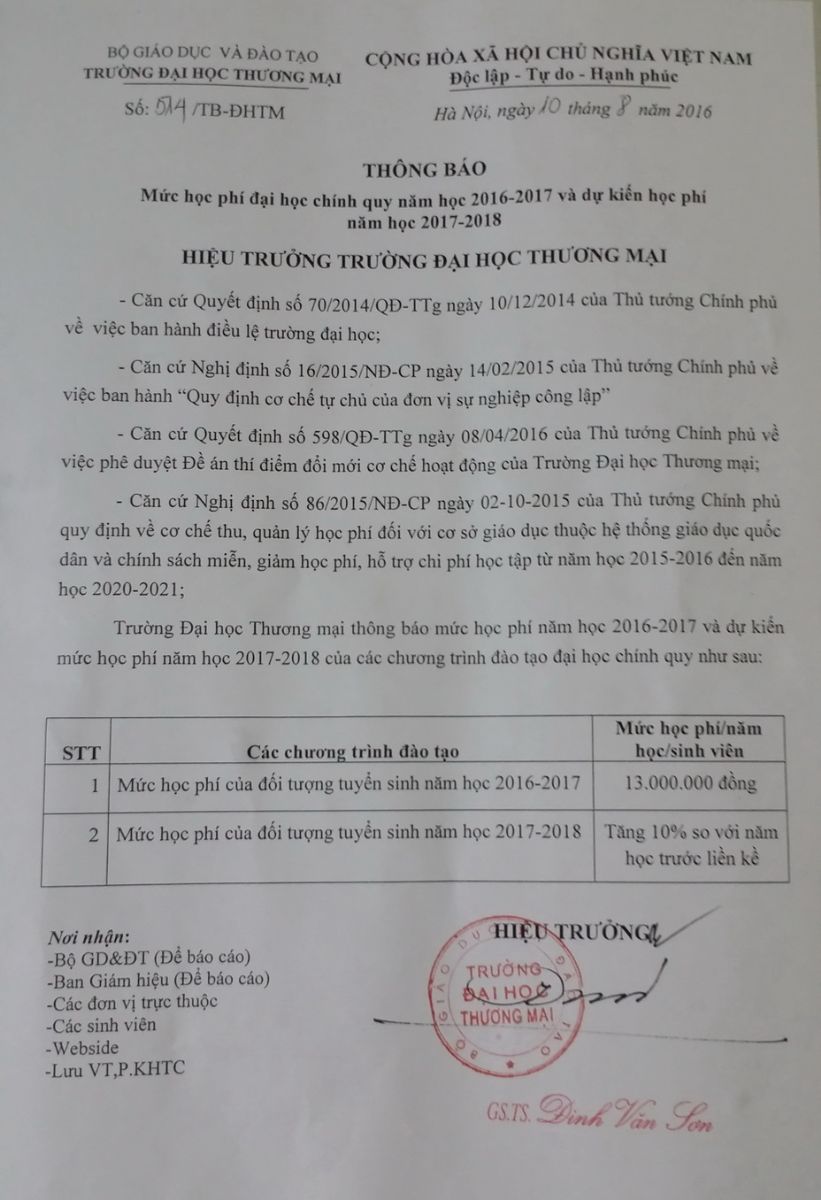 Muc hoc phi truong Dai hoc Thuong Mai nam 2016