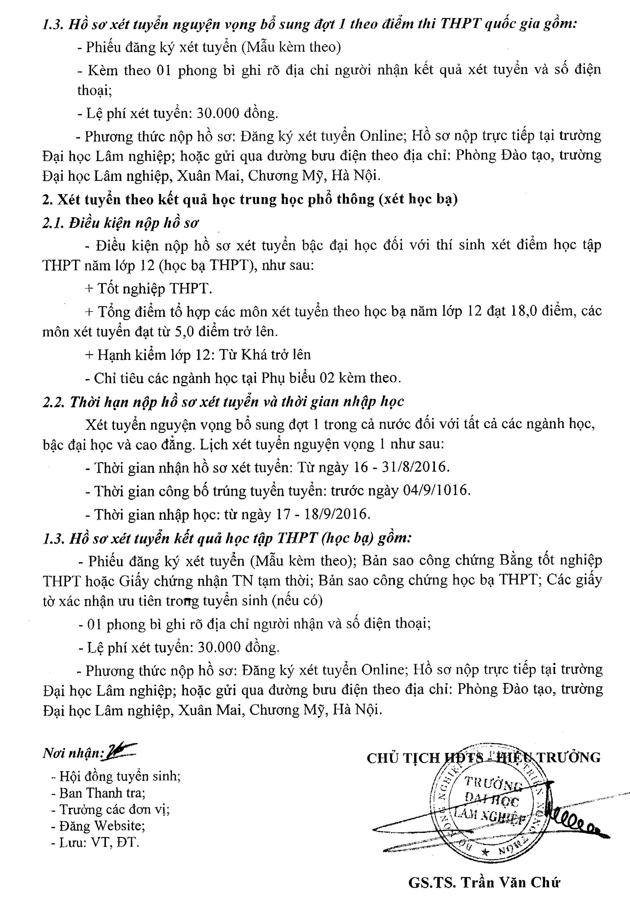 Thong bao xet tuyen NVBS dot 1 vao Dai hoc Lam nghiep 2016