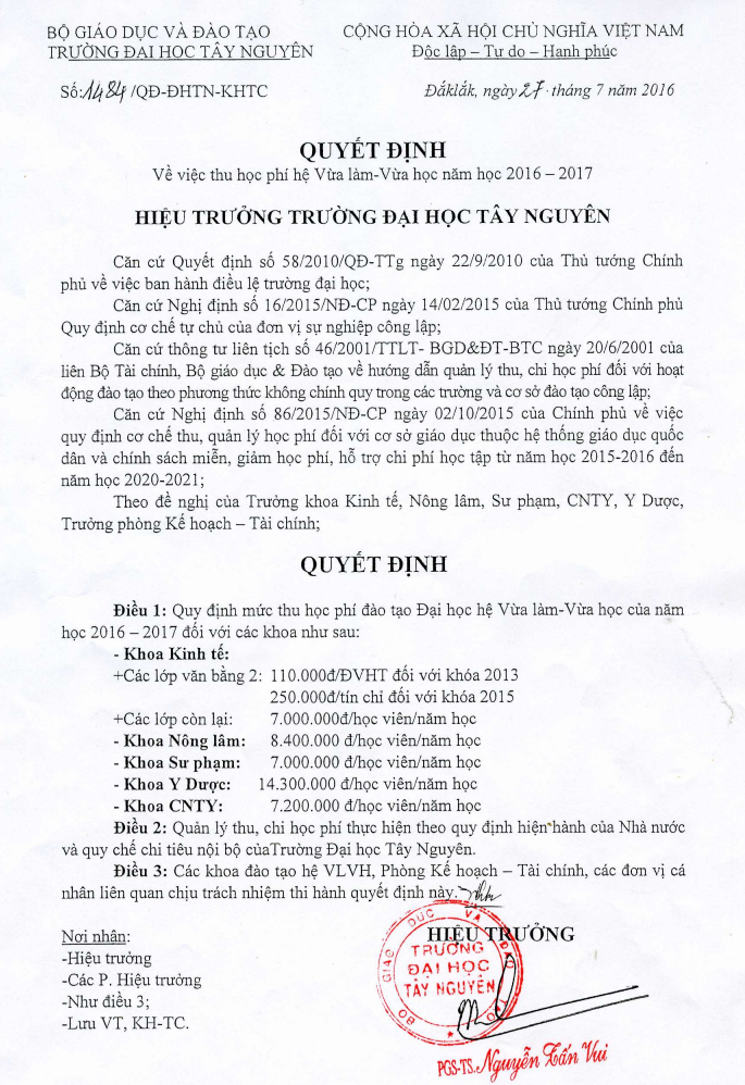 Muc thu hoc phi cua truong DH Tay Nguyen nam hoc 2016 - 2017