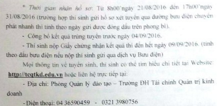 Xét tuyẻn NVBS dọt 1 Dại học Tài Chinh  - Quản trị kinh doanh 2016