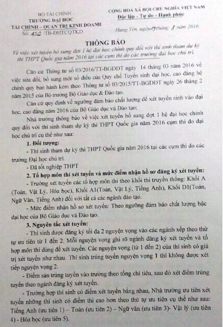 Xét tuyẻn NVBS dọt 1 Dại học Tài Chinh  - Quản trị kinh doanh 2016