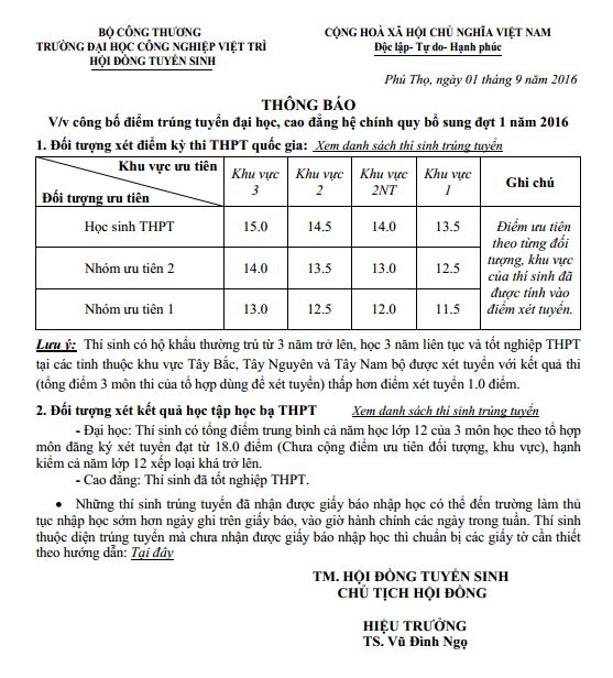 DH Cong nghiep Viet Tri thong bao diem chuan NVBS dot 1 nam 2016
