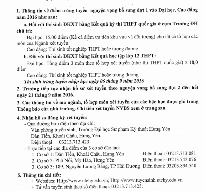 Diem chuan NV2 vao Dai hoc Su Pham Ky thuat Hung Yen 2016