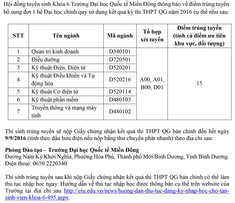 Thong báo diẻm chuản NV2 DH Quoc te Mien Dong 2016