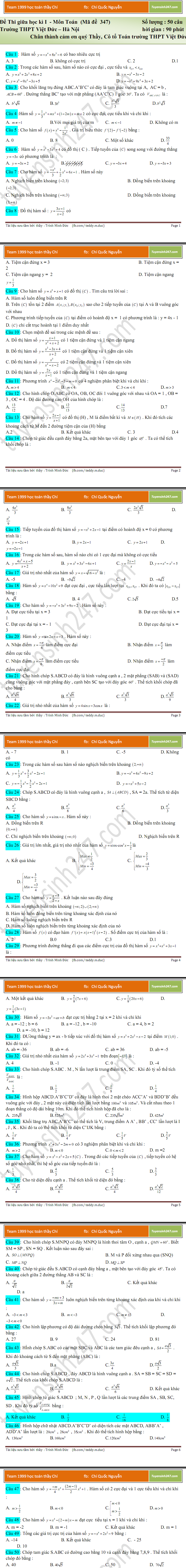 De thi giua ki 1 lop 12 mon Toan trac nghiem THPT Viet Duc 2016
