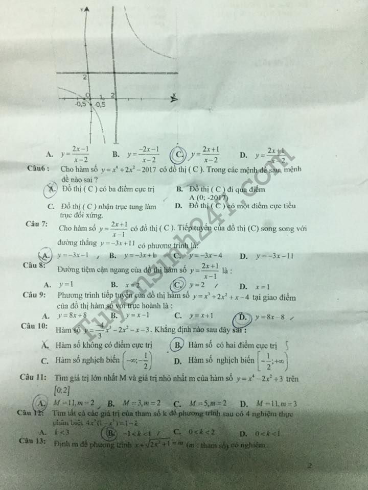 De thi giua ki 1 lop 12 mon Toan - THPT Nguyen Trai 2016