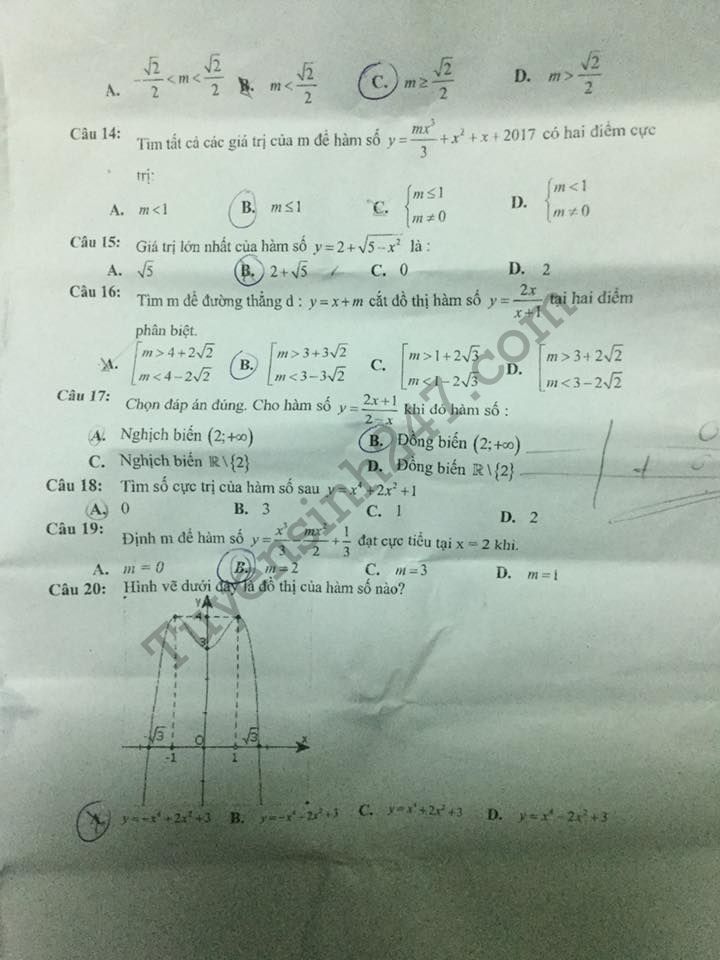 De thi giua ki 1 lop 12 mon Toan - THPT Nguyen Trai 2016