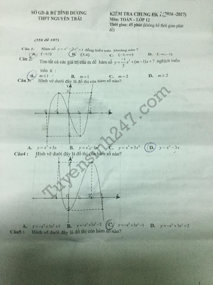 De thi giua ki 1 lop 12 mon Toan - THPT Nguyen Trai 2016