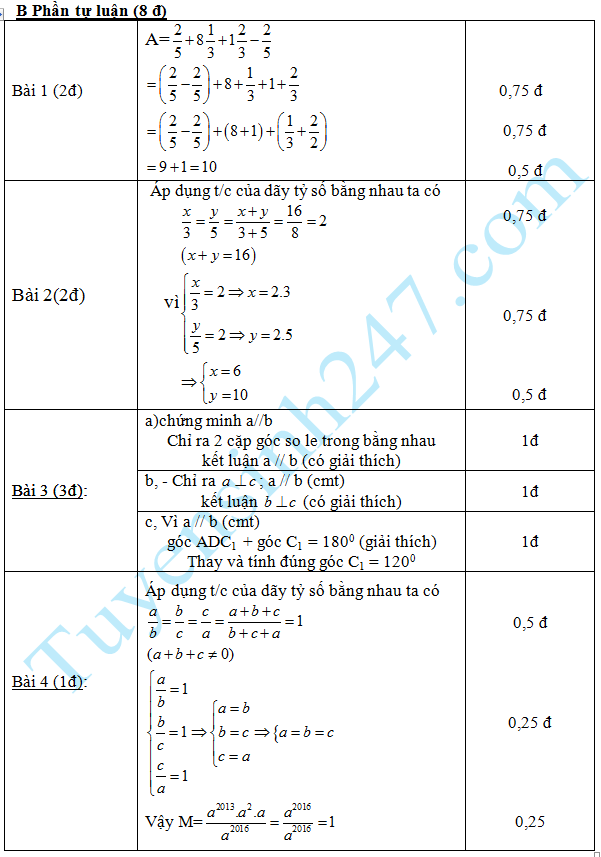 Dè thi giũa học kì 1 lóp 7 mon Toán - THCS Yen Phong