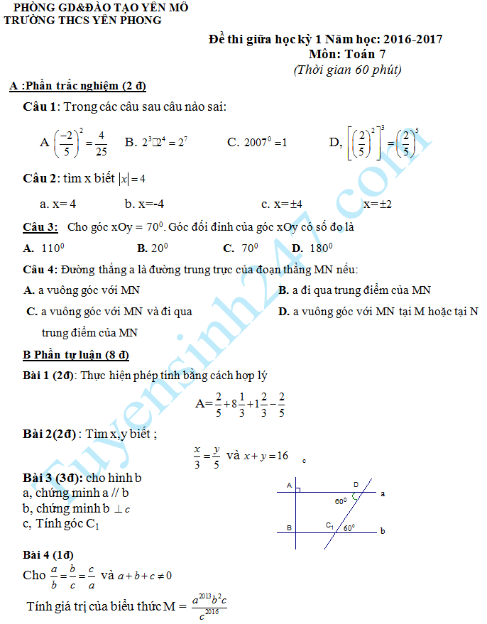 Dè thi giũa học kì 1 lóp 7 mon Toán - THCS Yen Phong