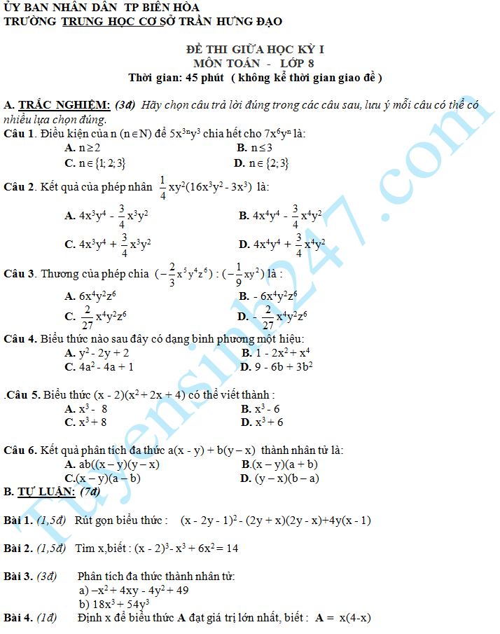 Dè thi giũa học kì 1 mon Toán 8 nam 2016 THCS Tràn Hung Dạo