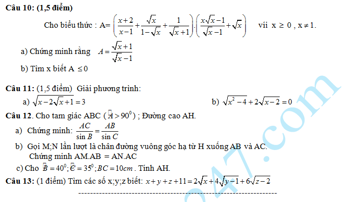 Dè thi giũa học kì 1 mon Toán 9 - THCS Hièn Khánh 2016
