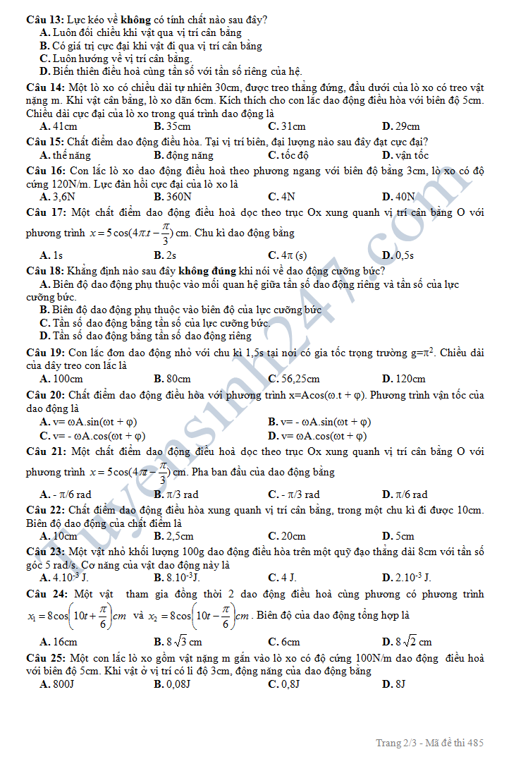 De thi giua hoc ki 1 lop 12 mon Vat Ly cua THPT Nhan Chinh 2016