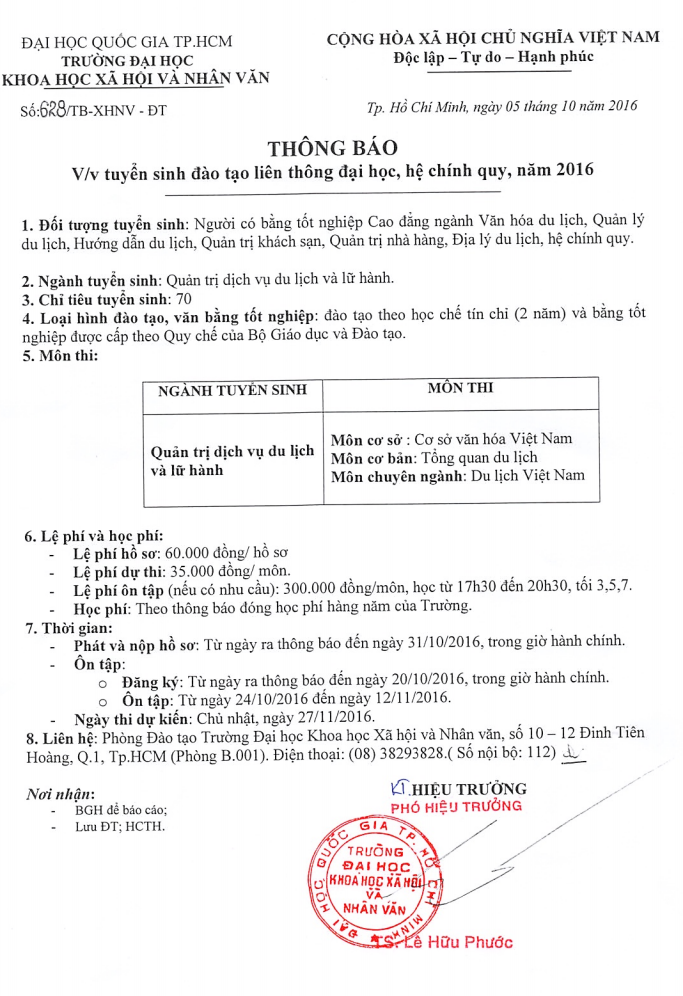 Thong bao tuyen sinh lien thong truong DH KHXH&NV - DH QG TP HCM 2016