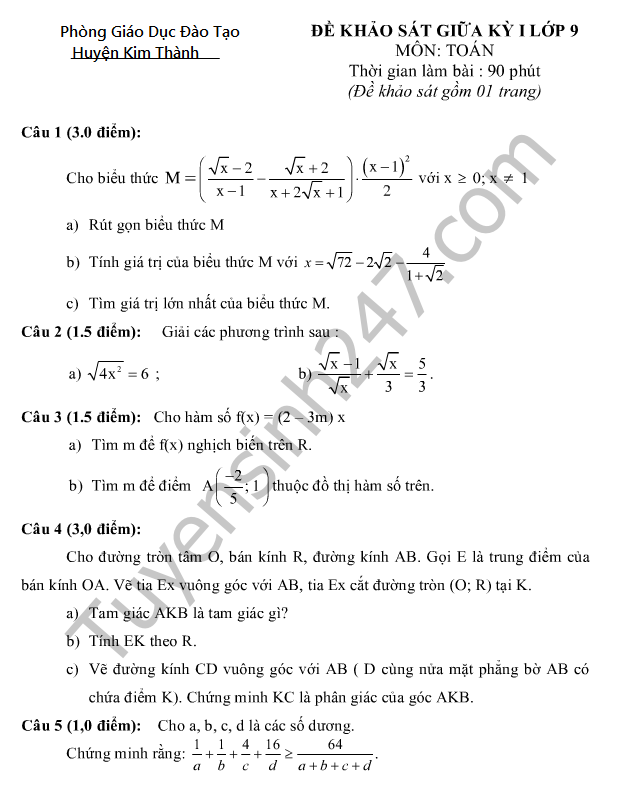 Dè thi giũa học kì 1 Toán lóp 9 - Phòng GD Kim Thành