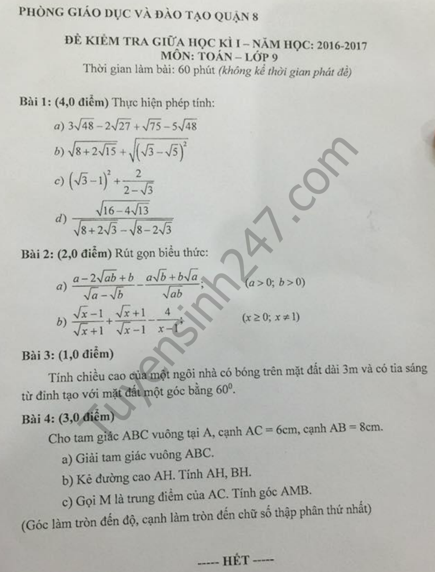 Dè thi giũa học kì 1 lóp 9 mon Toán - Phòng GD Quạn 8 nam 2016