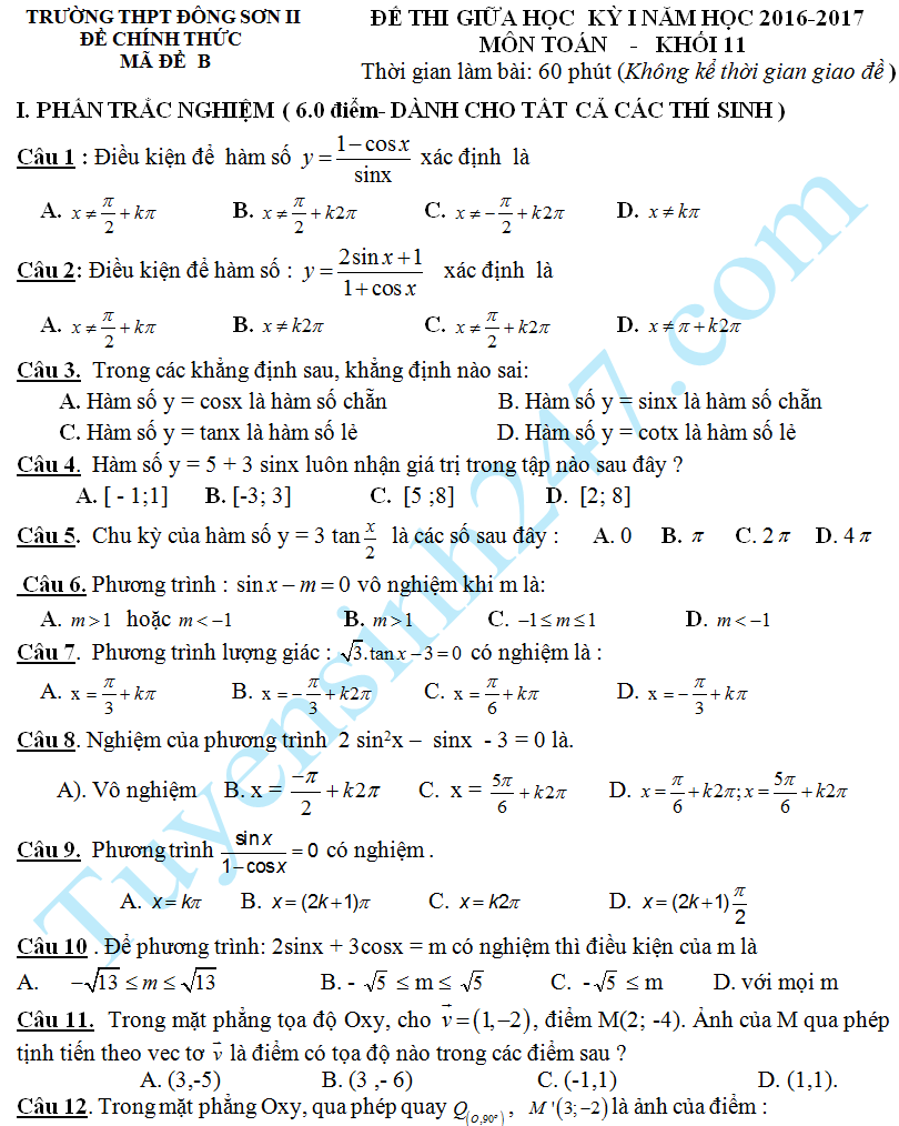Dè thi giũa học kì 1 Toán lóp 11 nam 2016 - THPT Dong Son II