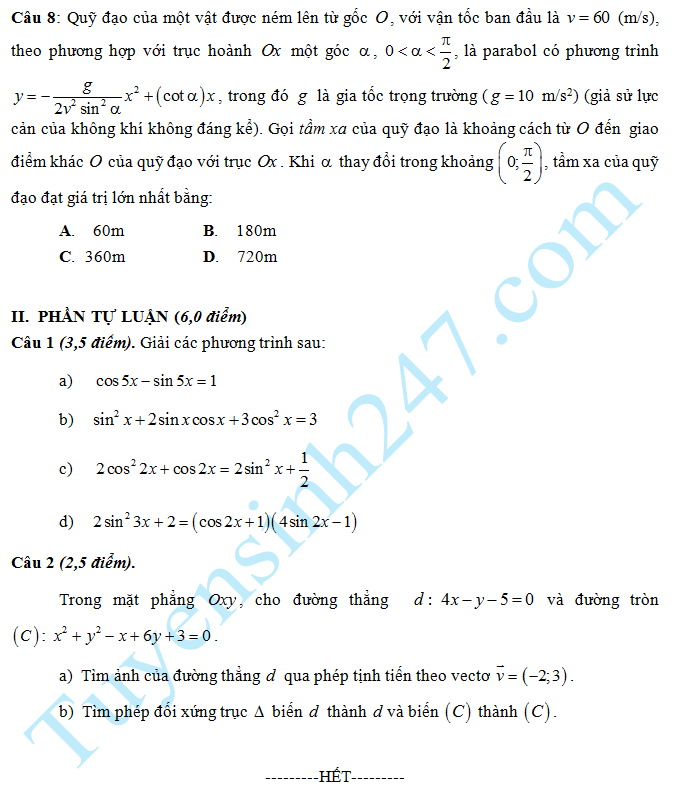 Dè thi giũa học kì 1 mon Toán lóp 11 - THPT Giao Thủy 2016