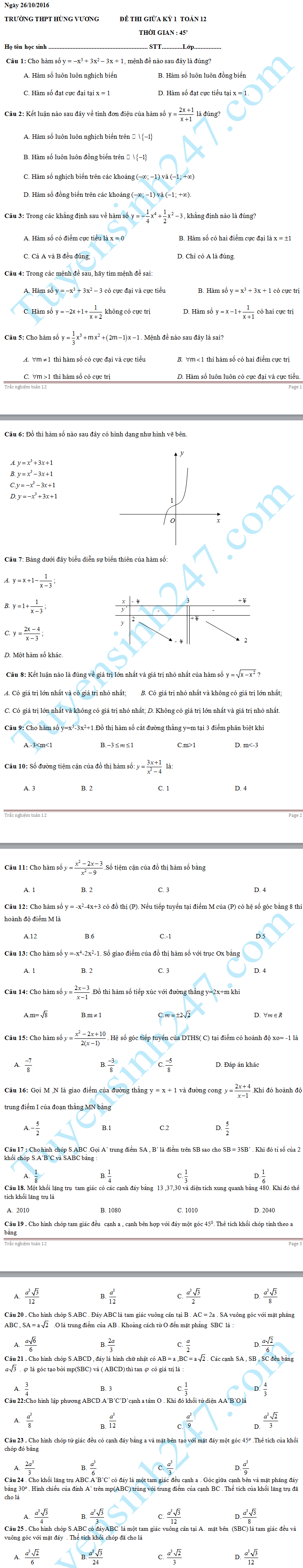 Dè thi giũa học kì 1 mon Toán 12 - THPT Hùng Vuong 2016