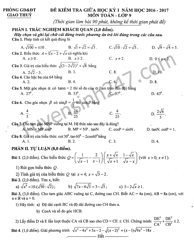 De thi giua ki 1 mon Toan 9 - Phong GD Giao Thuy 2016