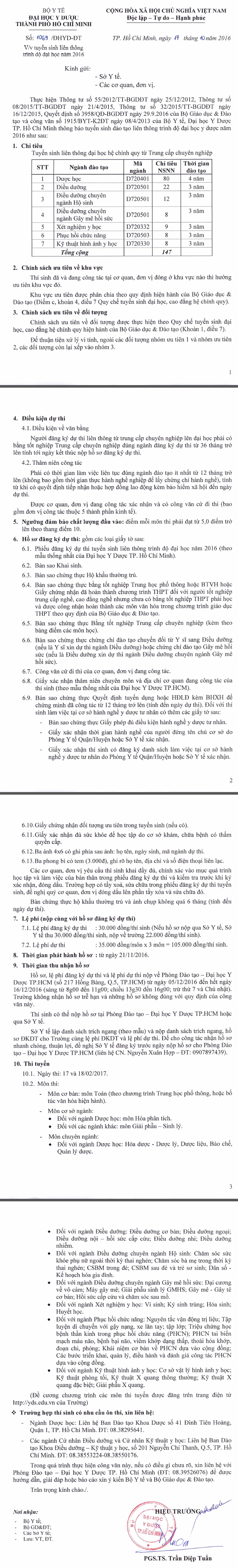 Dai hoc Y Duoc TP HCM tuyen sinh lien thong Dai hoc chinh quy nam 2016