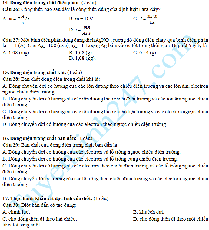 Dè thi học kì 1 mon Lý 11 nam 2016 - THPT Nguyẽn Van Cù