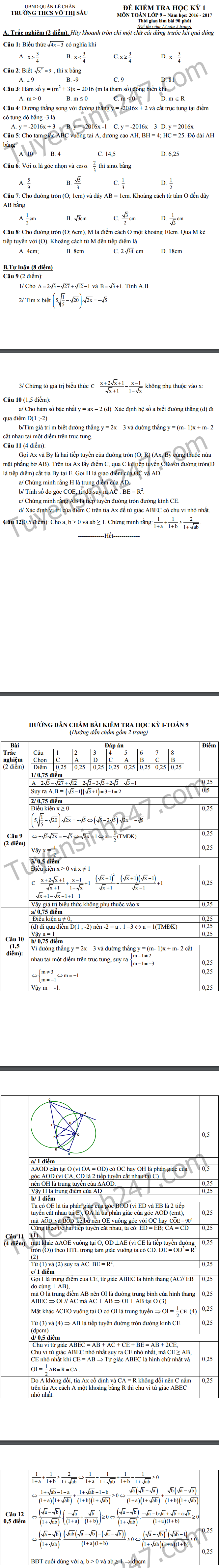 De thi hoc ki 1 mon Toan 9 - THCS Vo Thi Sau 2016 - 2017