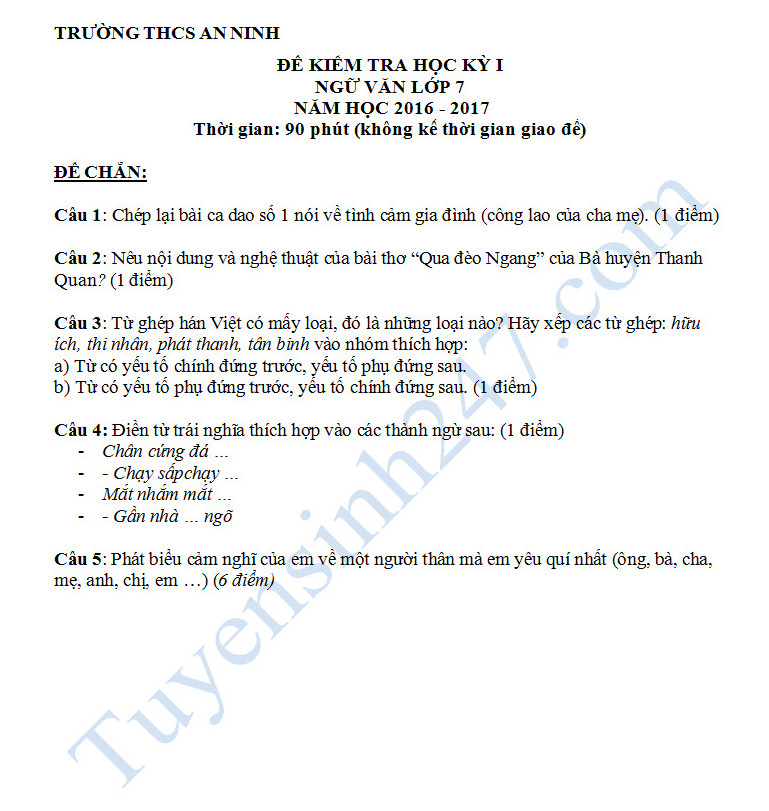 De thi hoc ki 1 lop 7 mon Ngu van - THCS An Ninh 2016