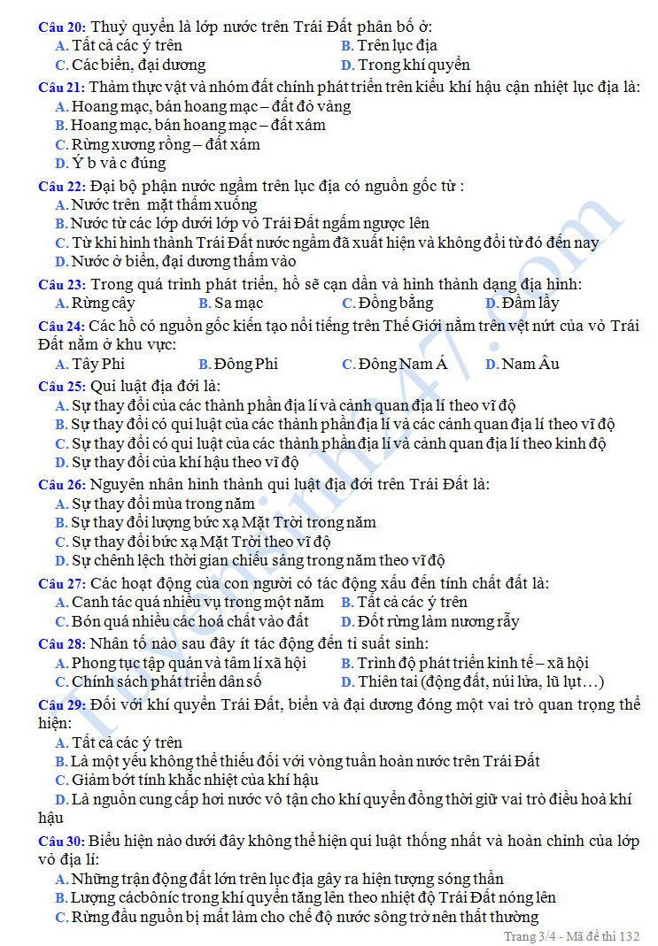 De thi hoc ki 1 mon Dia li lop 10 - THPT Trung Gia nam 2016-2017