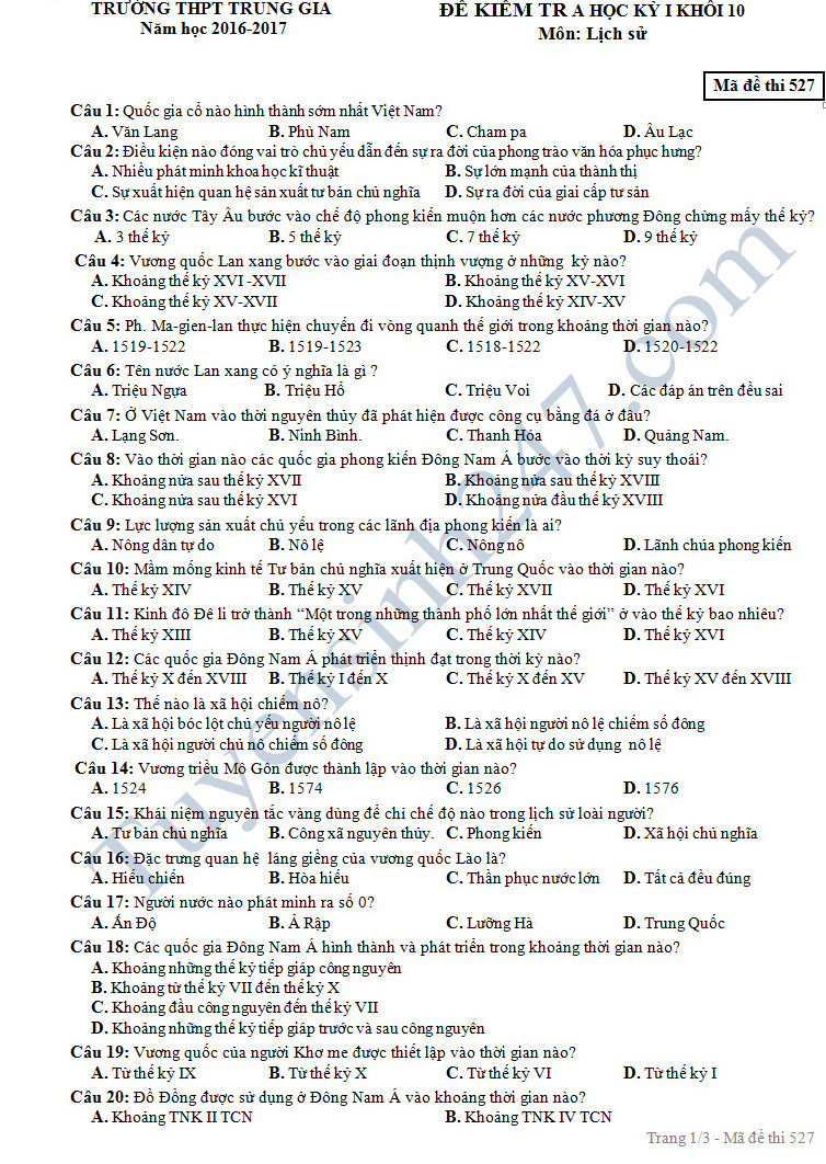 De thi hoc ki 1 mon Lich su lop 10 - THPT Trung Gia nam 2016-2017