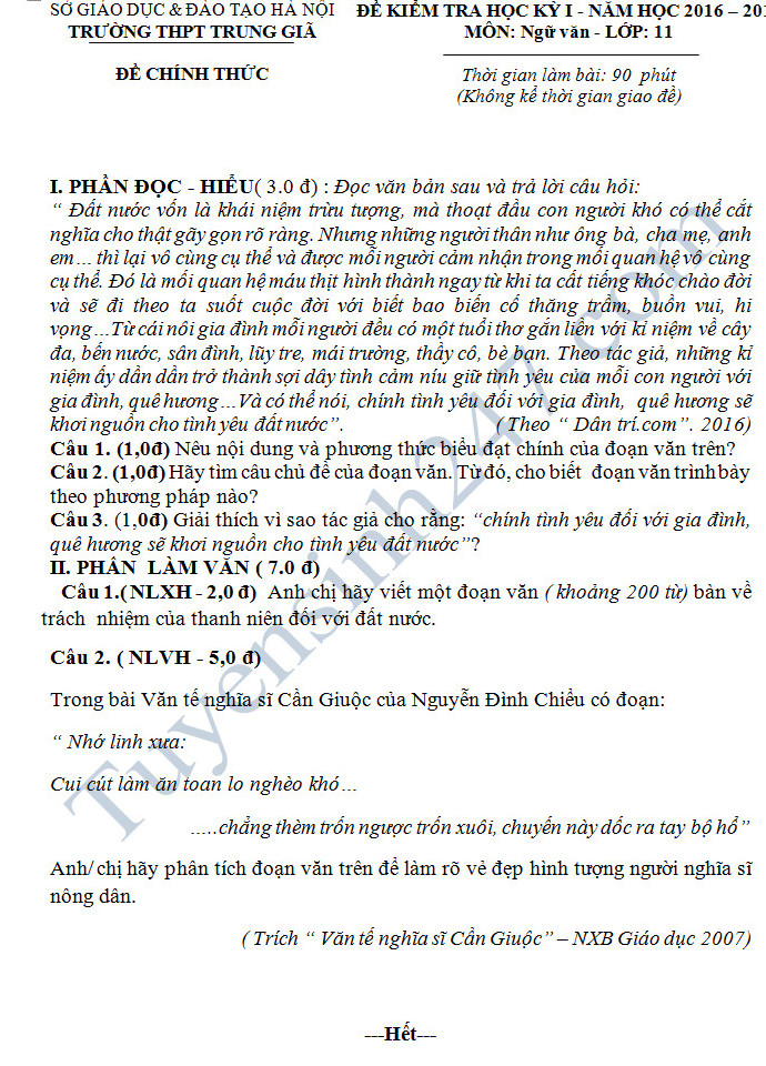 De thi cuoi hoc ki 1 mon Van 11 - THPT Trung Gia nam 2016-2017