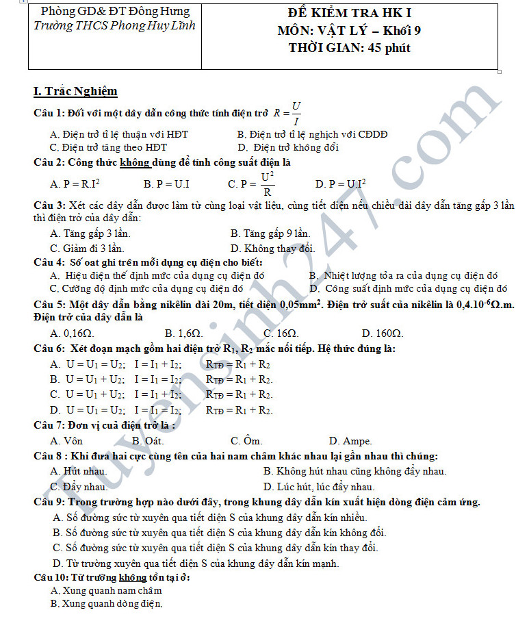 De thi hoc ki 1 mon Vat li 9 - THCS Phong Huy Linh nam 2016-2017 co dap an