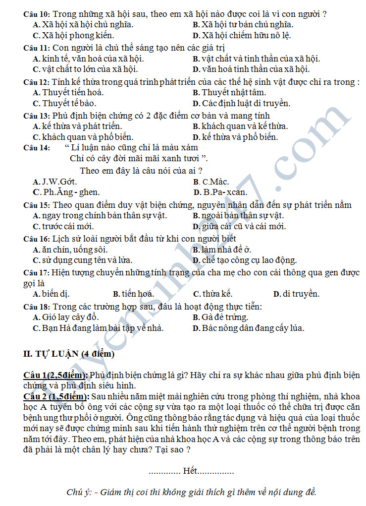 De thi hoc ki 1 mon GDCD 10 - THPT Luong Ngoc Quyen nam 2016-2017