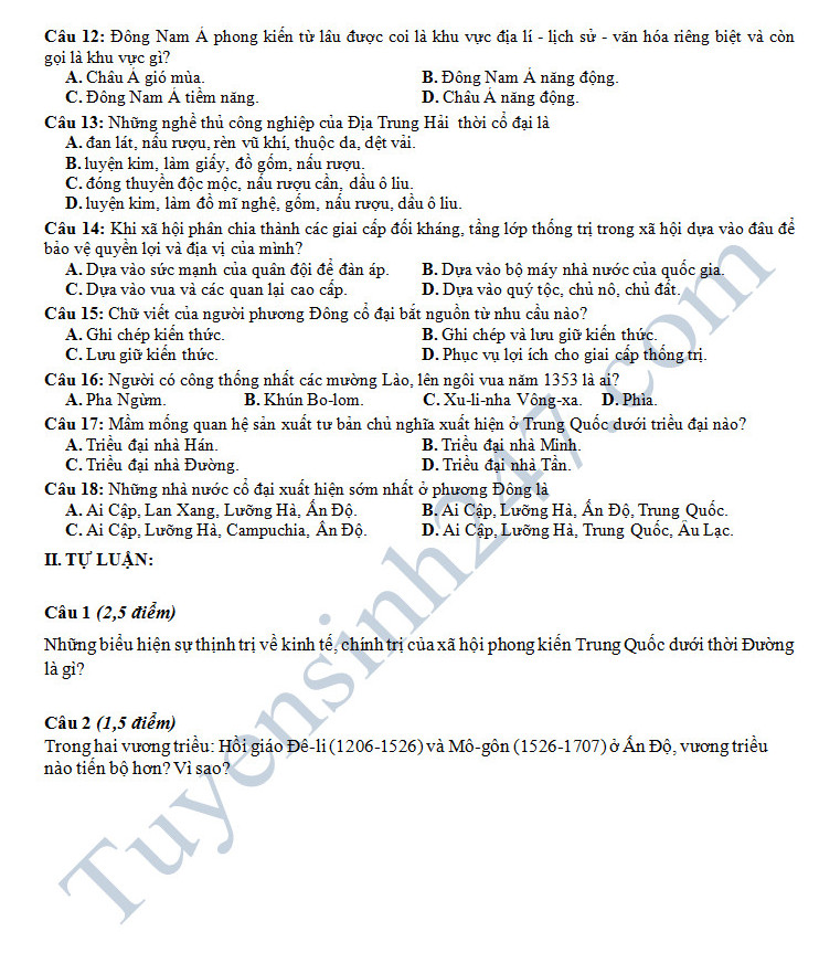 Dap an va de thi hoc ki 1 mon Su 10 - THPT Luong Ngoc Quyen nam 2016-2017