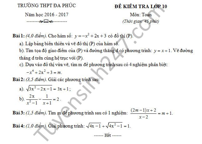 De thi hoc ki 1 mon Toan 10 - THPT Da Phuc nam 2016-2017 co dap an