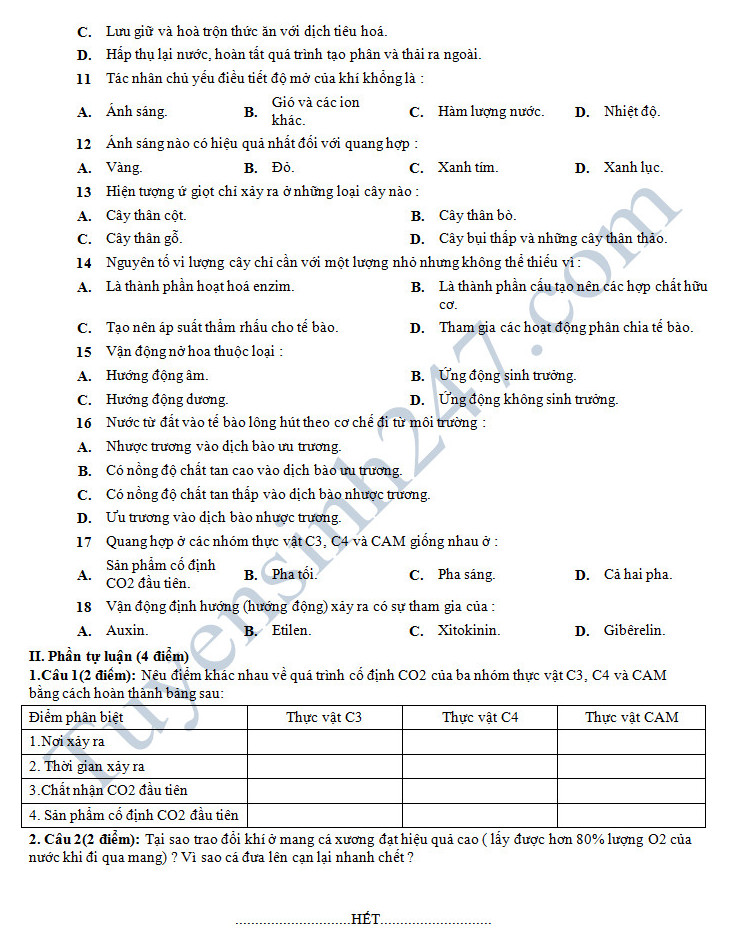 De thi hoc ki 1 mon Sinh 11 - THPT Luong Ngoc Quyen nam 2016-2017