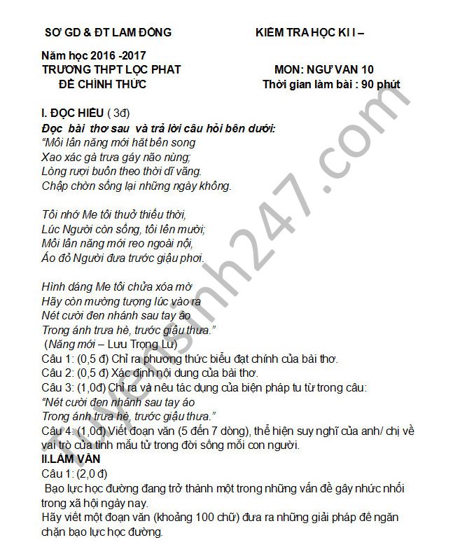 De thi cuoi hoc ki 1 mon Van 10 - THPT Loc Phat nam 2016-2017