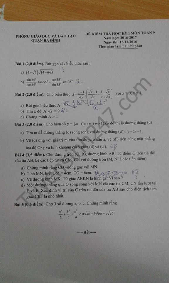 De thi hoc ki 1 lop 9 mon Toan - Phong GD quan Ba Dinh 2016 -2017